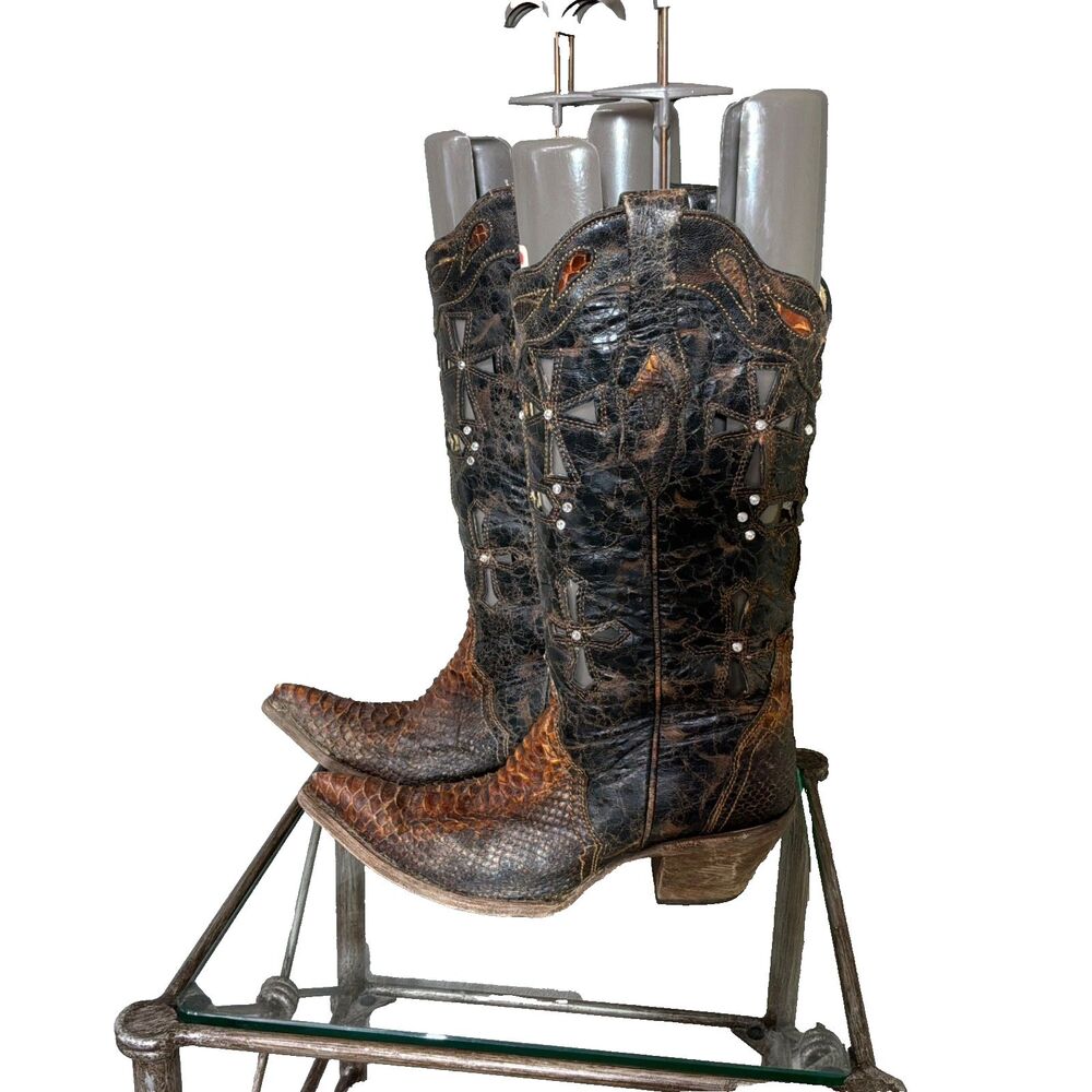 Corral Cowboy Boots Black Genuine Python Cross Cutout Crosses Crystal 8